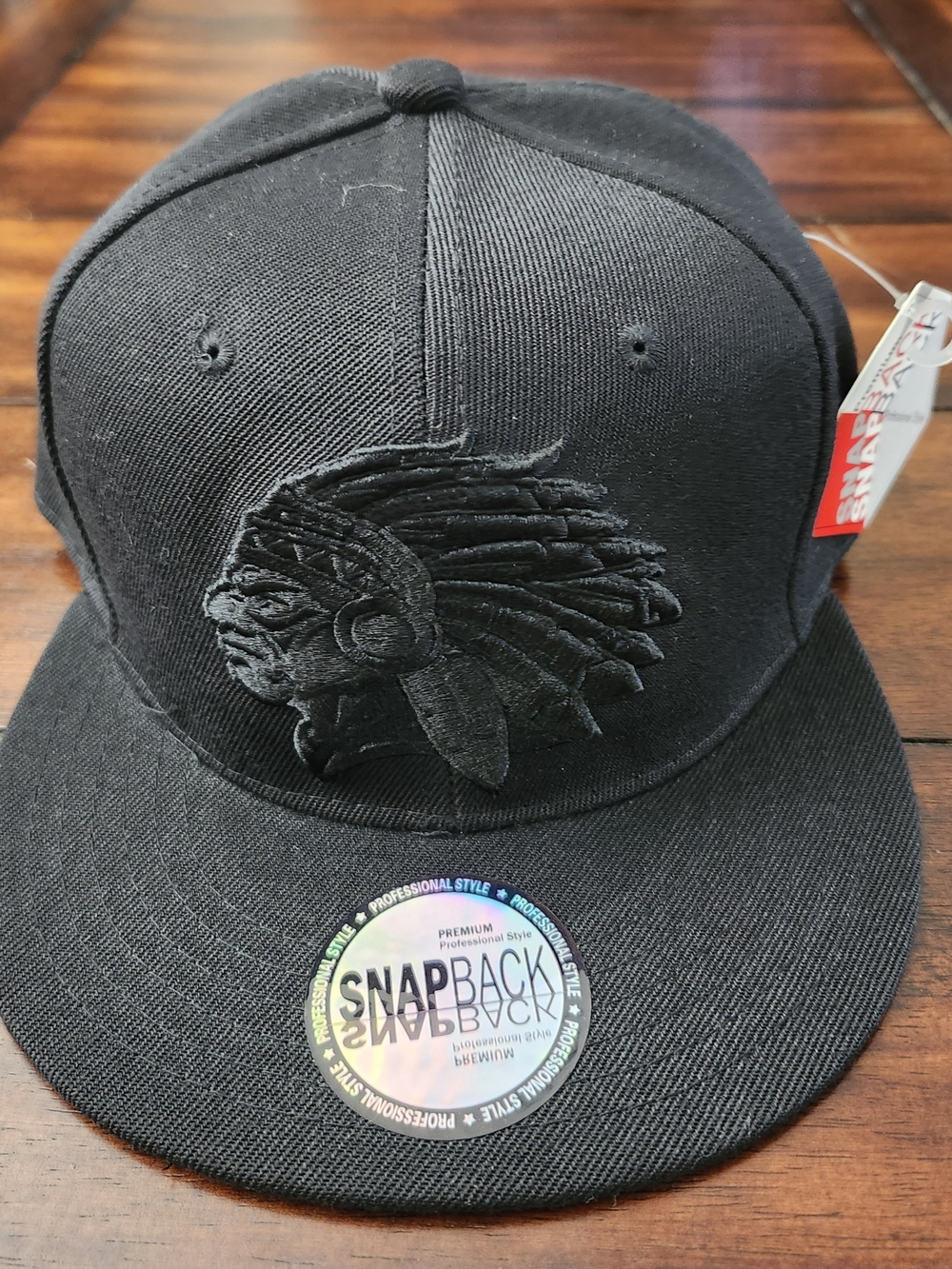 Black Snapback Hat with Embroidered Native Chief Design